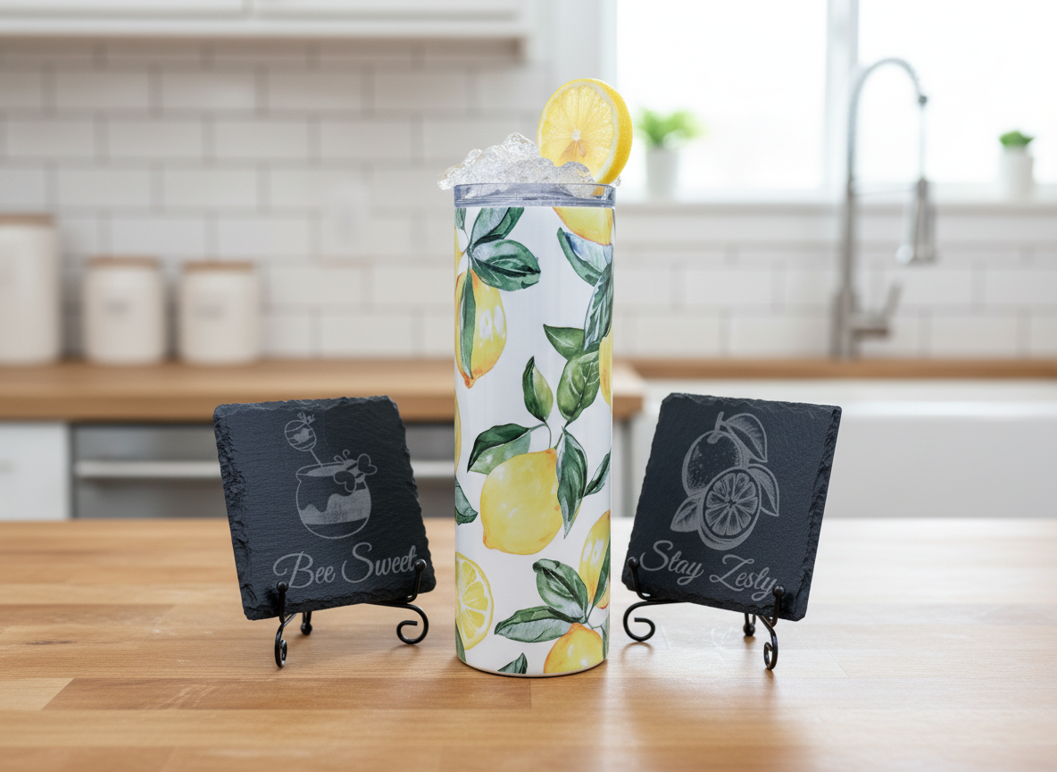 Lemon Luxe Tumbler & Engraved Coaster Set – "Stay Zesty" Gift Bundle | Summer Drinkware Gift